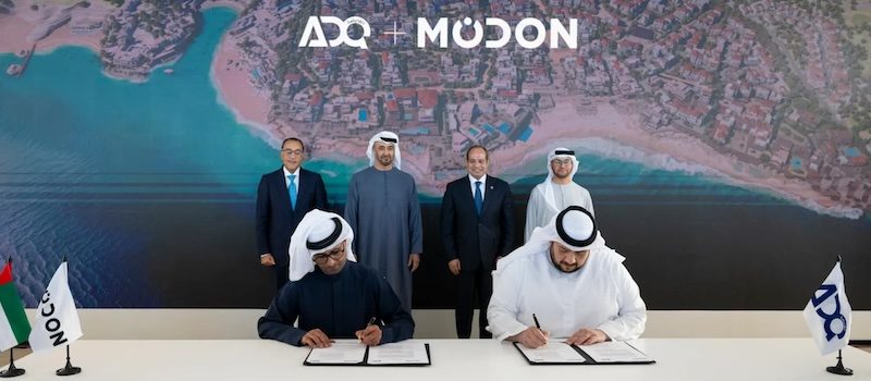 UAE president Sheikh Mohamed bin Zayed Al Nahyan and Egypt's president Abdel Fattah El-Sisi attend the signing ceremony of appointing Modon Holding as developer of Ras El Hekma