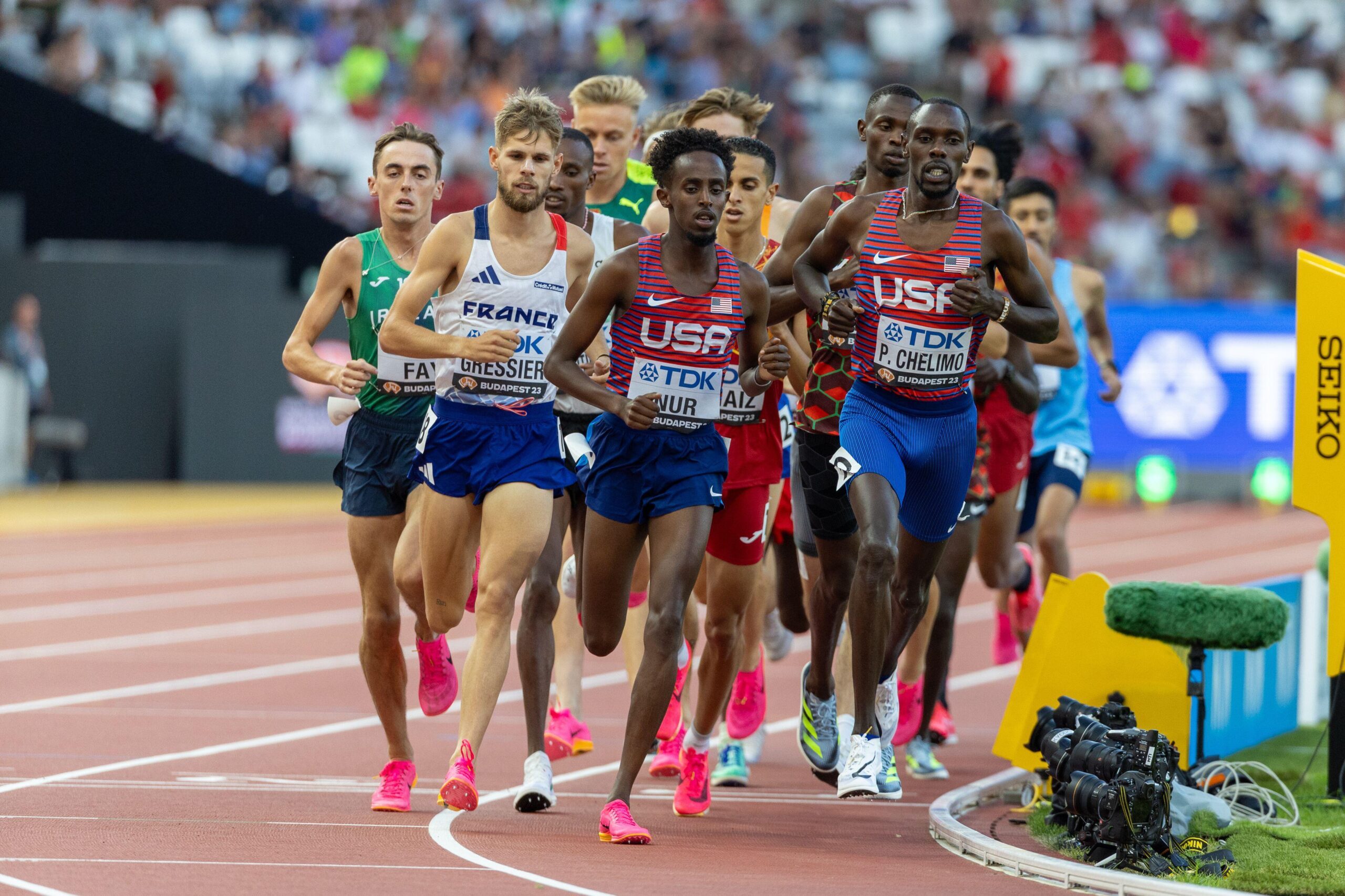 Abdihamid Nur (USA) and Paul Chelimo (USA) lead the 5000 meters during the World Athletics Championships Budapest23 at The National Athletics Centre